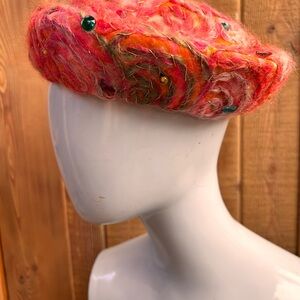 Vintage Christine Couture Beret – Embellished Pink/Orange Union Made USA